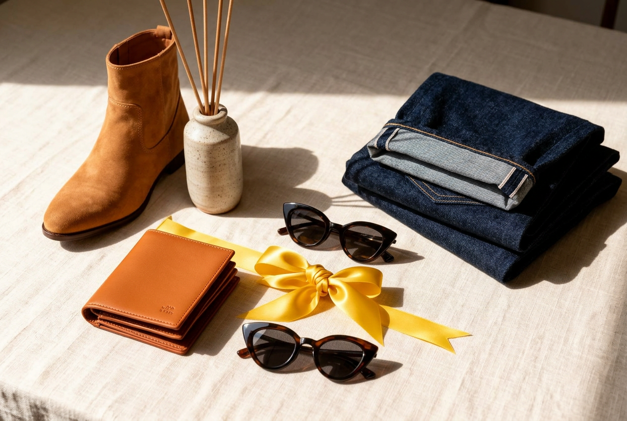 Mixed retail products bound with yellow ribbon on linen